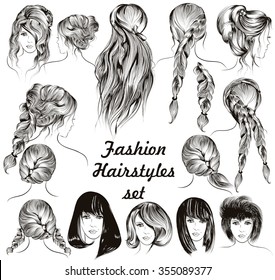 Fashion illustration different female hairstyles set in engraved style