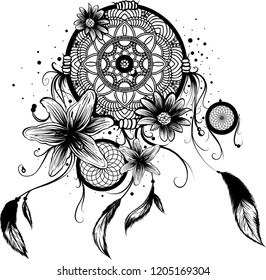 Fashion illustration with dream catcher and flowers. Hand drawn design svg