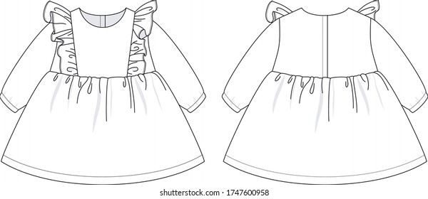 Fashion illustration. Dress for newborn girl. Technical drawing