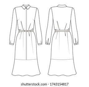 Fashion illustration of dress. Technical drawing dress with belt