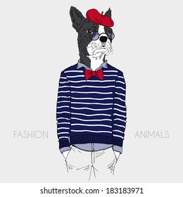 Fashion Illustration of dressed up french bulldog, parisien chic