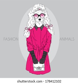 Fashion illustration of dressed up poodle girl in colors