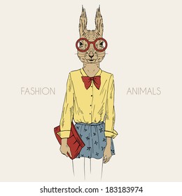 Fashion illustration of dressed up squirrel girl hipster