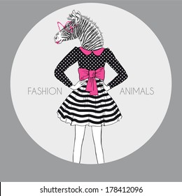 Fashion illustration of dressed up zebra girl in colors