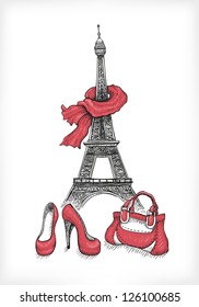 Fashion illustration. Eiffel Tower, shoes and handbag