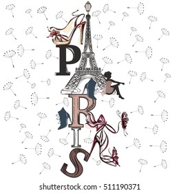 Fashion illustration with Eiffel tower, shoes, girl and dandelions for design