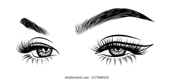 Fashion illustration of the eye with creative makeup. Hand drawn vector idea for business visit cards, templates, web, salon banners,brochures. Natural eyebrows and glam eyelashes