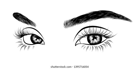  Fashion illustration of the eye with long full lashes. Hand drawn vector idea for business visit cards, templates, web, salon banners,brochures. Natural eyebrows and modern makeup