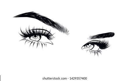  Fashion illustration of the eye with long full lashes. Hand drawn vector idea for business visit cards, templates, web, salon banners,brochures. Natural eyebrows and modern makeup
