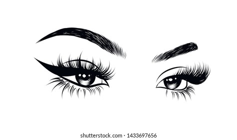  Fashion illustration of the eye with long full lashes. Hand drawn vector idea for business visit cards, templates, web, salon banners,brochures. Natural eyebrows and modern makeup
