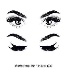  Fashion illustration of the eye with long full lashes. Hand drawn vector idea for business visit cards, templates, web, salon banners,brochures. Natural eyebrows and modern makeup
