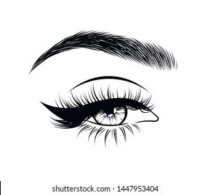  Fashion illustration of the eye with long full lashes. Hand drawn vector idea for business visit cards, templates, web, salon banners,brochures. Natural eyebrows and modern makeup
