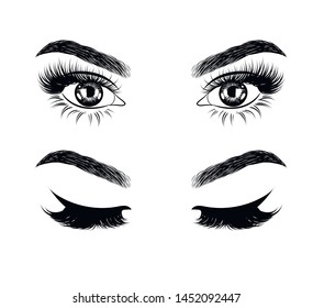  Fashion illustration of the eye with long full lashes. Hand drawn vector idea for business visit cards, templates, web, salon banners,brochures. Natural eyebrows and modern makeup
