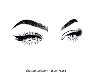  Fashion illustration of the eye with long full lashes. Hand drawn vector idea for business visit cards, templates, web, salon banners,brochures. Natural eyebrows and modern makeup