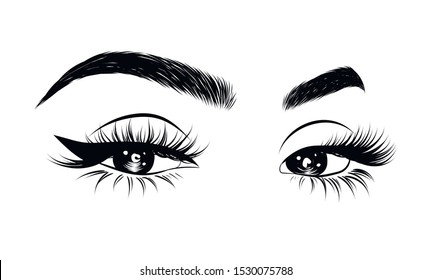  Fashion illustration of the eye with long full lashes. Hand drawn vector idea for business visit cards, templates, web, salon banners, brochures. Natural eyebrows and modern makeup
