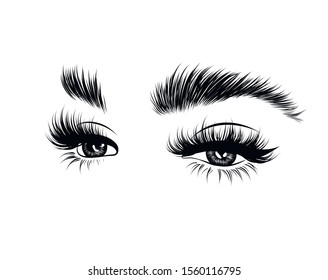  Fashion illustration of the eye with long full lashes. Hand drawn vector idea  Natural eyebrows and modern makeup