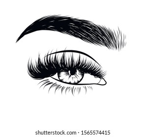  Fashion illustration of fashion the eye with long full lashes ang natural brows. Hand drawn vector idea  glam makeup