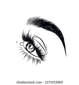  Fashion illustration of fashion the eye with long full lashes ang natural brows. Hand drawn vector idea  glam makeup