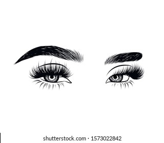  Fashion illustration of fashion the eye with long full lashes ang natural brows. Hand drawn vector idea  glam makeup