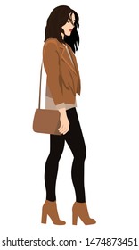 Fashion Illustration Fall Woman - Brunette black haired woman walking in fashionable autumn outfit