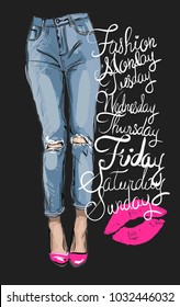 fashion illustration of femail legs in blue skinny jeans with holes