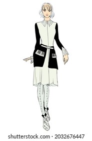 fashion illustration of a female figure wearing high fashion clothes. fashionable look of a model in a runway. hand drawn vector art for fashion and beauty industries, print, poster, or postcard.