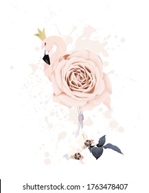 Fashion illustration with flamingo and flowers. Vector floral glamour print with roses for cards, t-shirts, girls, women