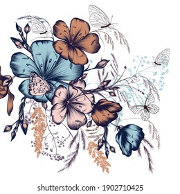 Fashion illustration with flowers ad butterflies for design