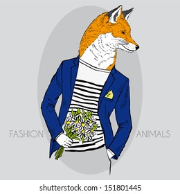 Fashion Illustration of Fox with Bouquet of Daisies, isolated on grey background