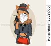 Fashion illustration of fox girl dressed up in retro style