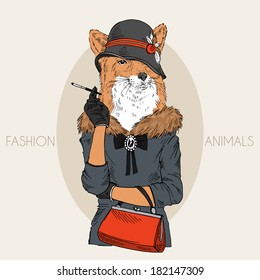 Fashion illustration of fox girl dressed up in retro style