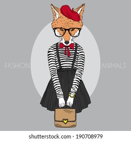 fashion illustration of foxy girl dressed up in french retro style