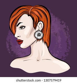 Fashion illustration of foxy girl on a purple artistic abstract background. Portrait of redhead woman with shell-shaped earrings. Attractive young girl with red lips and natural make-up.
