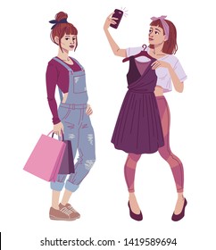 Fashion illustration. Full body portrait of young female shoppers carrying shopping bags, trying on clothes and taking selfie. Vector drawing isolated on white background.
