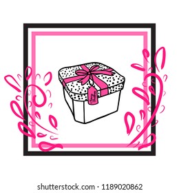 Fashion illustration of a gift box with a pink bow in the frame. Merry Christmas banner for a female store. Vector illustration of a black hand drawing isolated on white background