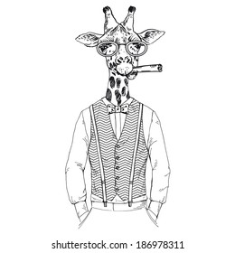 fashion illustration of giraffe dressed up in retro style