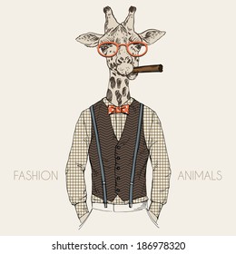 fashion illustration of giraffe dressed up in retro style