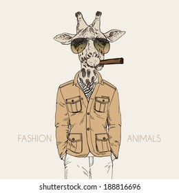 fashion illustration of giraffe dressed up in safari style 