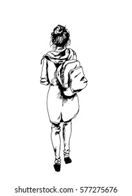 Fashion illustration of girl with a backpack in a jacket that goes away/ Vector graphics / Sketch style