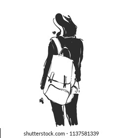 Fashion illustration of girl with a backpack. Sketch style