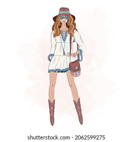 Fashion illustration with girl in Boho Outfit. Boho chic,  ethnic style, fashion trend. Modern illustration for fashion, beauty design and concept. Good for web and print