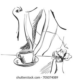 Fashion illustration of girl with cup of tea. Cup sketch