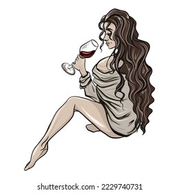 fashion illustration girl with glass of red wine. vector illustration isolated on white background
