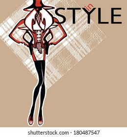 Fashion illustration. The girl in the hat stands in tartan background.The inscription in style . Sketch of the model .
