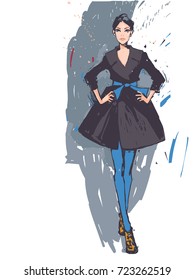 Fashion illustration. Girl model. Vector hand-drawn sketch.