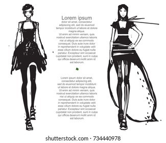 Fashion illustration. Girl model. Vector hand-drawn sketch.