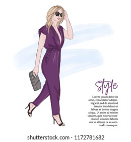 Fashion illustration: girl in playsuit on high heels. Stylish weekend look. Business woman character illustration. Model in trendy outfit glamour sketch. Summer look