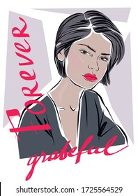 Fashion illustration girl print for t-shirt. Slogan lettering print. Fashionista.