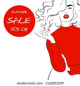 Fashion illustration girl with red lips sketch style. Woman in red sweater, black skirt. Magazine city style poster. Hand drawn fashion model posing. Sketch. Vector illustration. Fashion, style,beauty