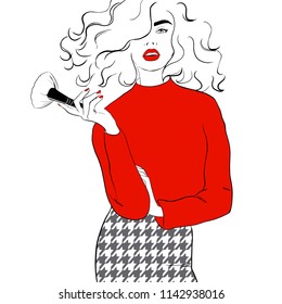 Fashion illustration girl with red lips sketch style. Woman in red sweater, checkered skirt. Magazine city style poster. Hand drawn fashion model posing. Sketch. Vector illustration. Style, beauty